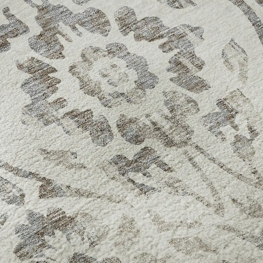 Ivory And Beige Floral Washable Area Rug With UV Protection Photo 9