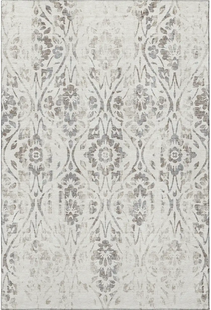 Ivory And Beige Floral Washable Area Rug With UV Protection Photo 3
