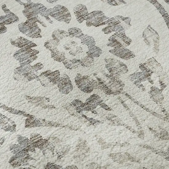Ivory And Beige Floral Washable Area Rug With UV Protection Photo 9