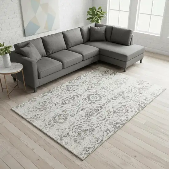 Ivory And Beige Floral Washable Area Rug With UV Protection Photo 2