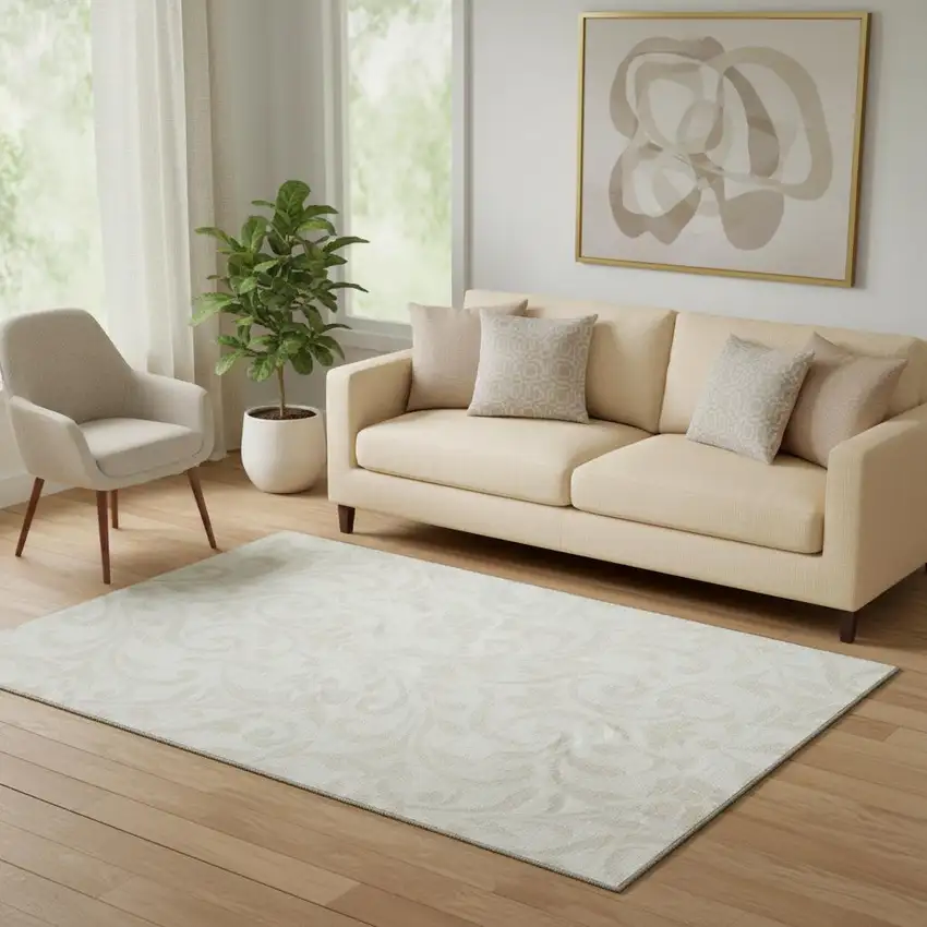 Ivory And Beige Floral Washable Area Rug With UV Protection Photo 1