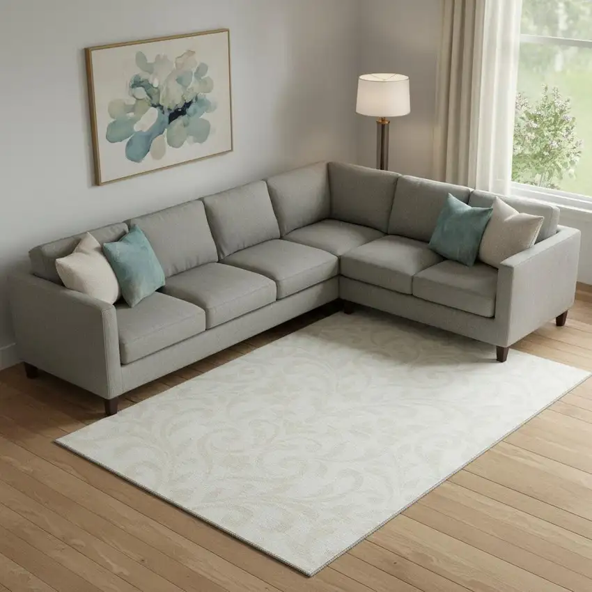 Ivory And Beige Floral Washable Area Rug With UV Protection Photo 1