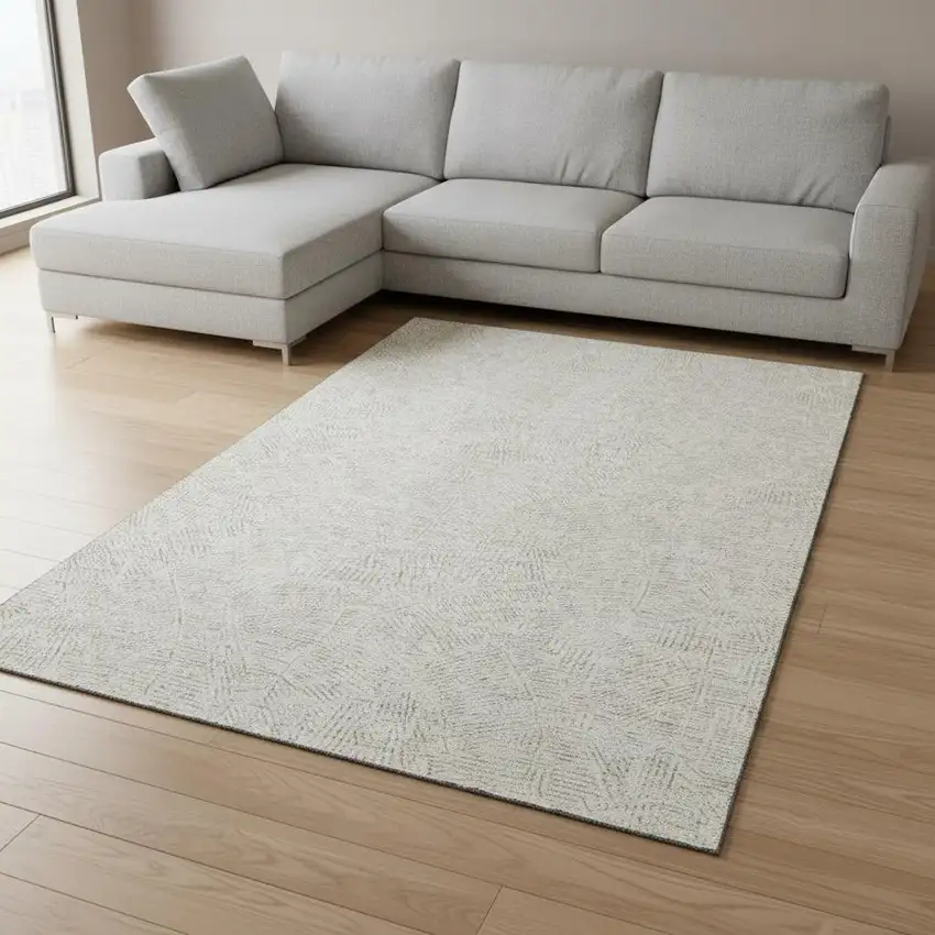 Ivory And Beige Floral Washable Area Rug With UV Protection Photo 2