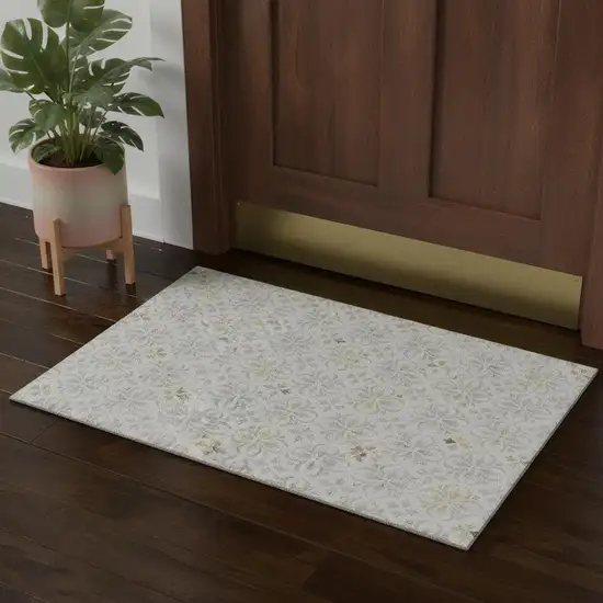 Ivory And Beige Floral Washable Area Rug With UV Protection Photo 1