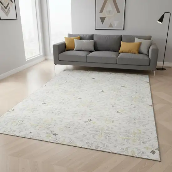 Ivory And Beige Floral Washable Area Rug With UV Protection Photo 2