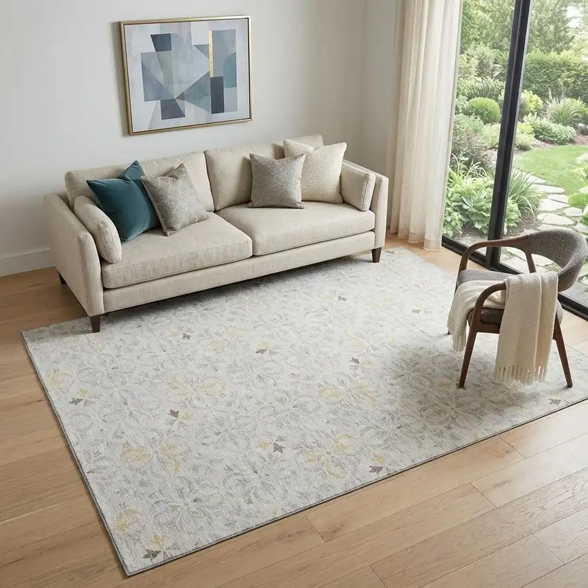 Ivory And Beige Floral Washable Area Rug With UV Protection Photo 1