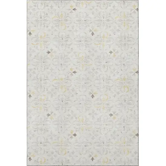 Ivory And Beige Floral Washable Area Rug With UV Protection Photo 3