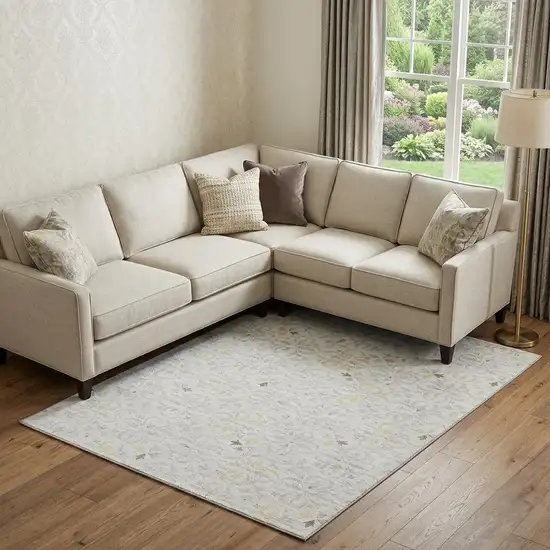 Ivory And Beige Floral Washable Area Rug With UV Protection Photo 1