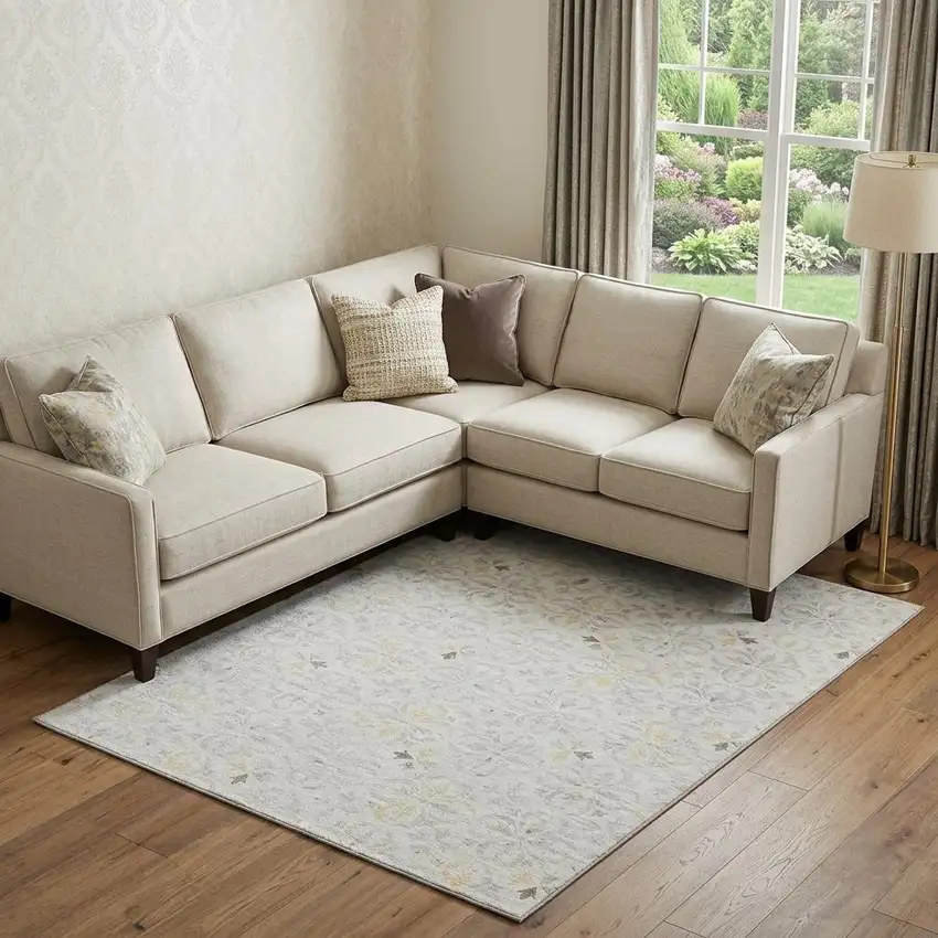 Ivory And Beige Floral Washable Area Rug With UV Protection Photo 1