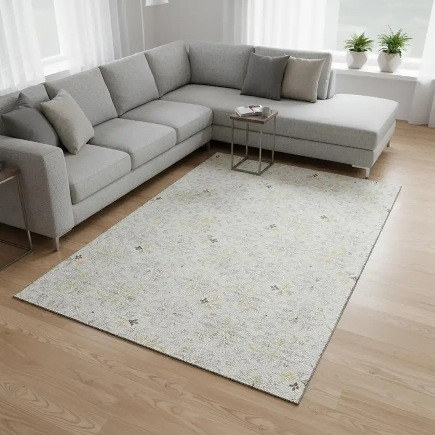 Ivory And Beige Floral Washable Area Rug With UV Protection Photo 2