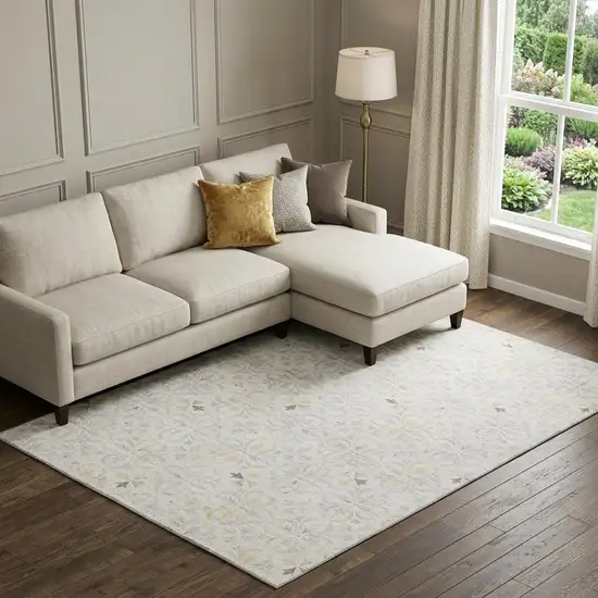Ivory And Beige Floral Washable Area Rug With UV Protection Photo 1