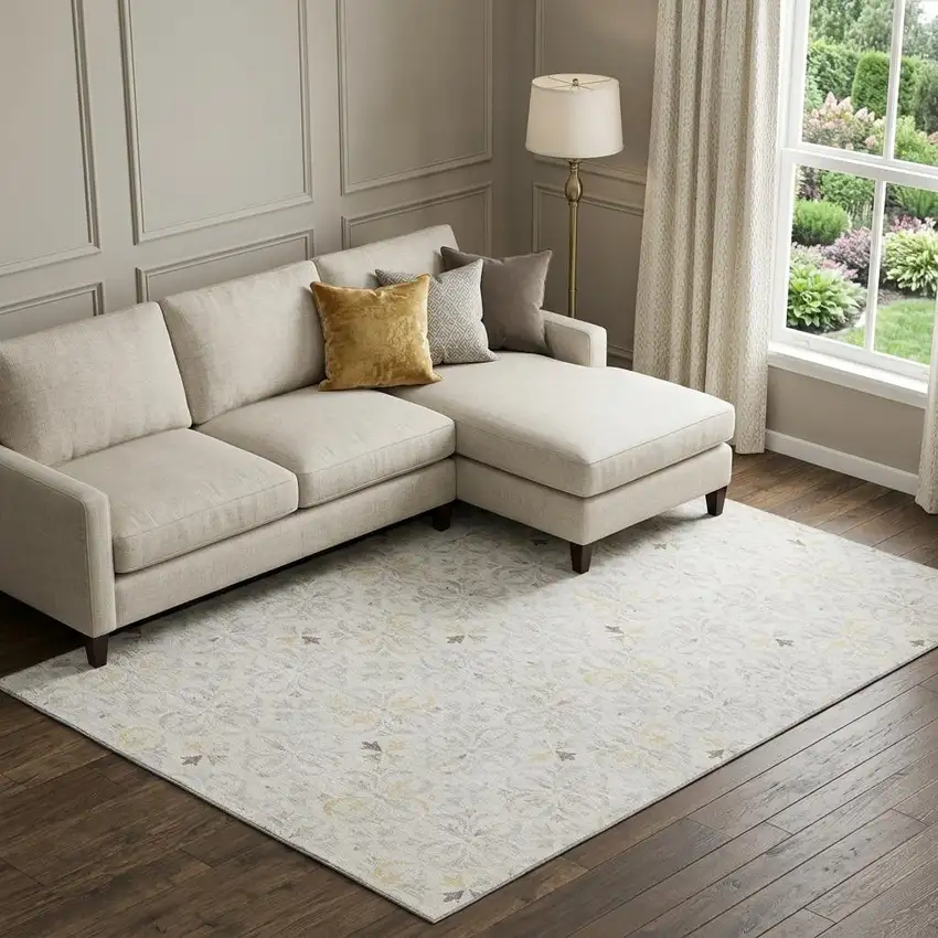 Ivory And Beige Floral Washable Area Rug With UV Protection Photo 1
