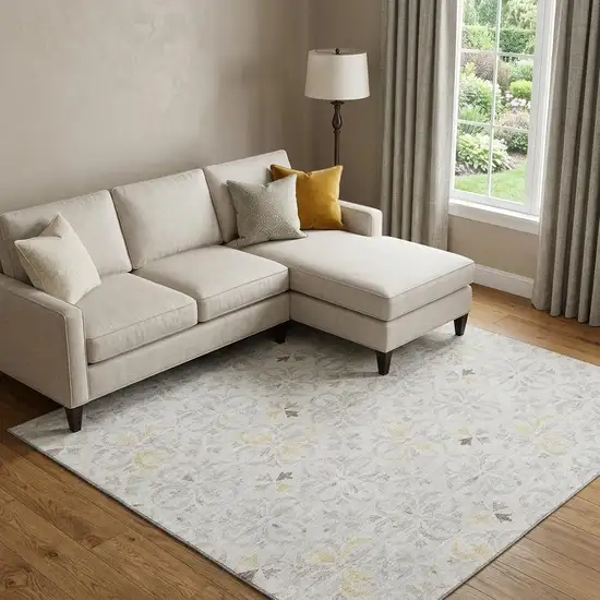 Ivory And Beige Floral Washable Area Rug With UV Protection Photo 1
