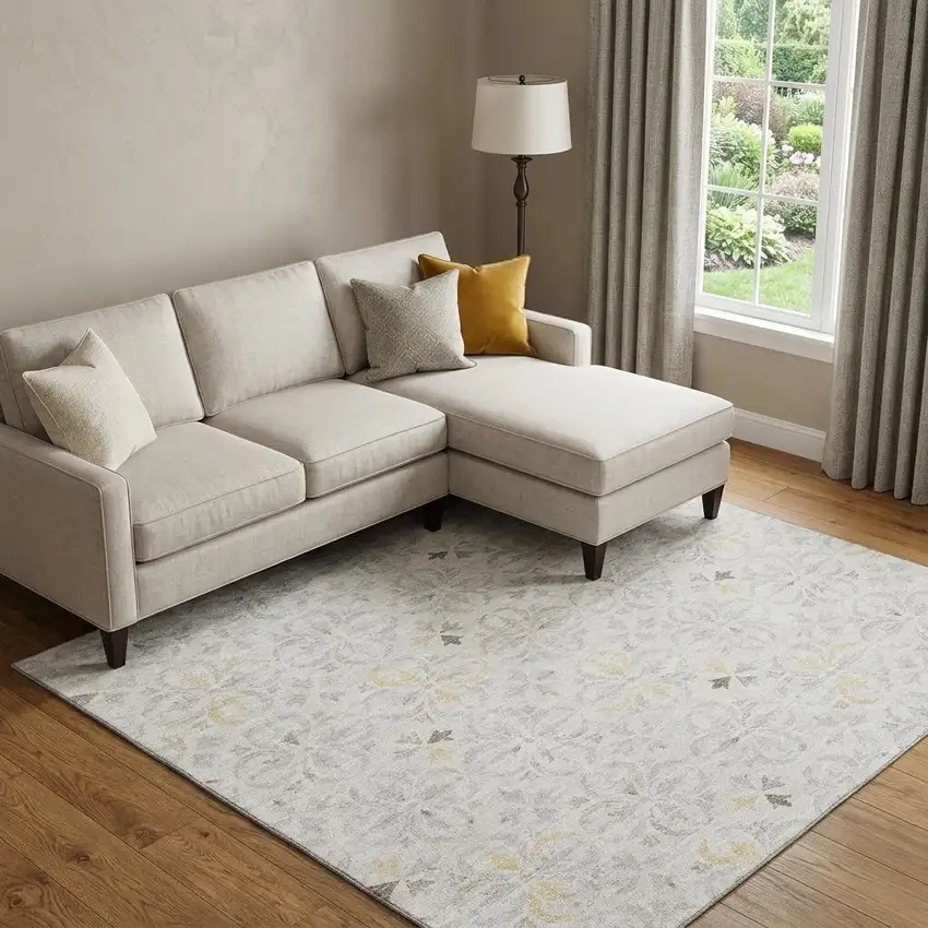 Ivory And Beige Floral Washable Area Rug With UV Protection Photo 1