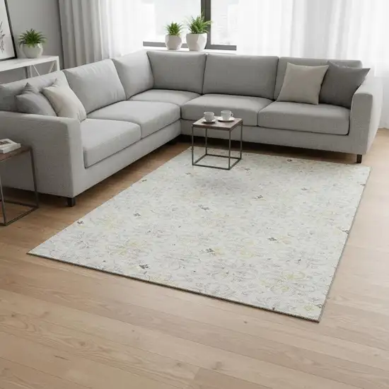 Ivory And Beige Floral Washable Area Rug With UV Protection Photo 2