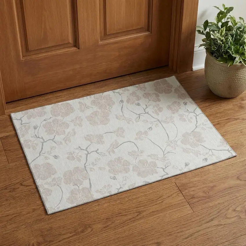 Ivory And Beige Floral Washable Area Rug With UV Protection Photo 1