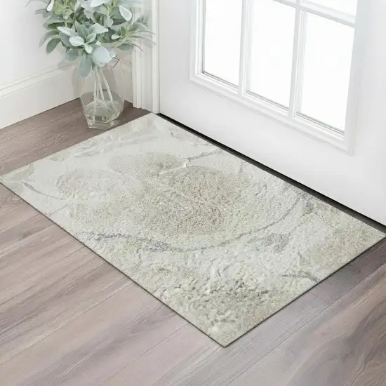 Ivory And Beige Floral Washable Area Rug With UV Protection Photo 2