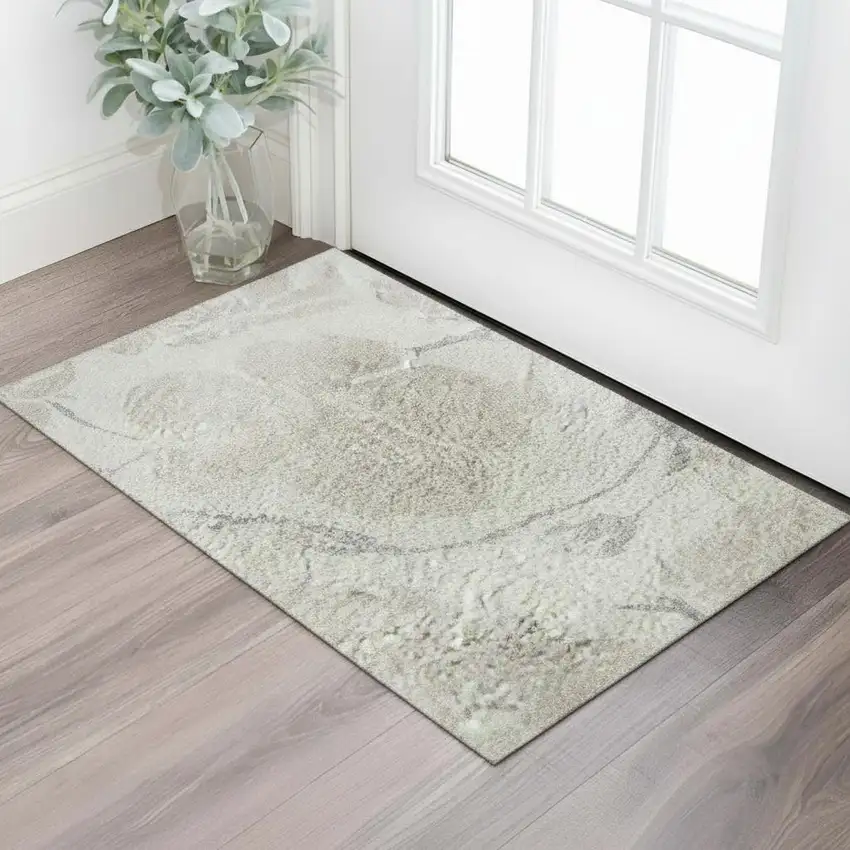 Ivory And Beige Floral Washable Area Rug With UV Protection Photo 2