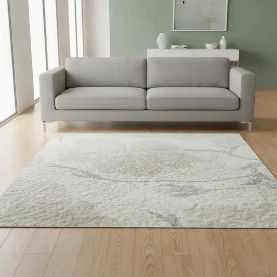 Ivory And Beige Floral Washable Area Rug With UV Protection Photo 2