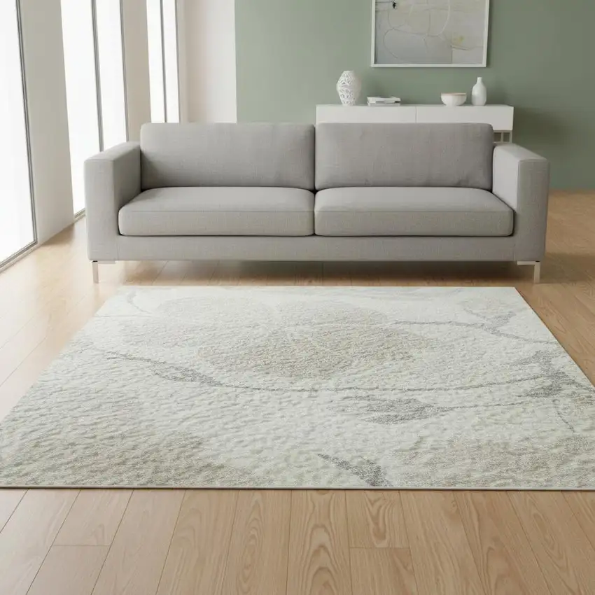 Ivory And Beige Floral Washable Area Rug With UV Protection Photo 2