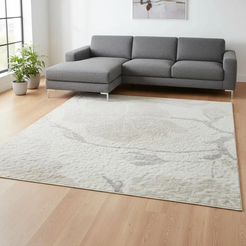 Ivory And Beige Floral Washable Area Rug With UV Protection Photo 2