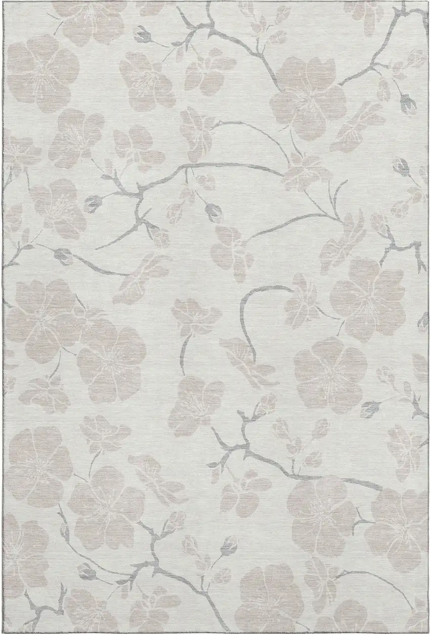Ivory And Beige Floral Washable Area Rug With UV Protection Photo 6
