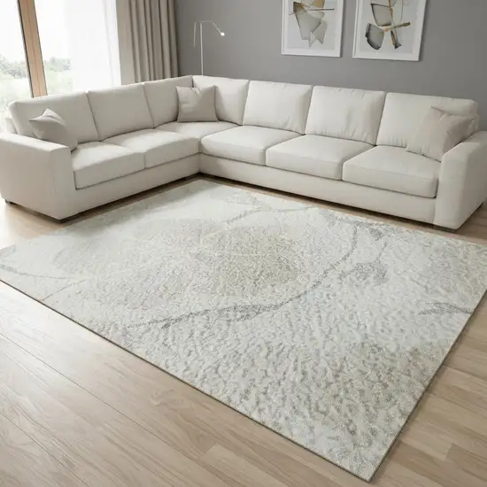 Ivory And Beige Floral Washable Area Rug With UV Protection Photo 2