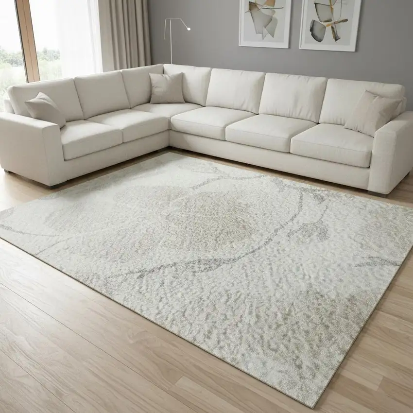 Ivory And Beige Floral Washable Area Rug With UV Protection Photo 2