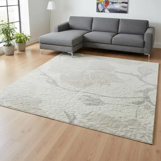 Ivory And Beige Floral Washable Area Rug With UV Protection Photo 2