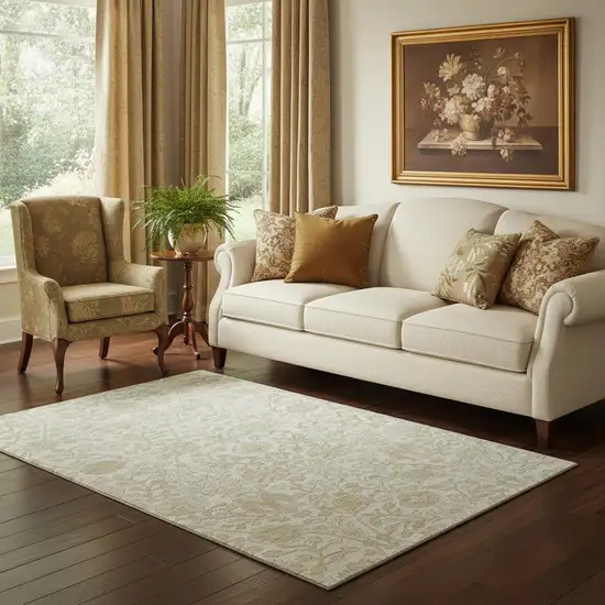 Ivory And Beige Floral Washable Area Rug With UV Protection Photo 2