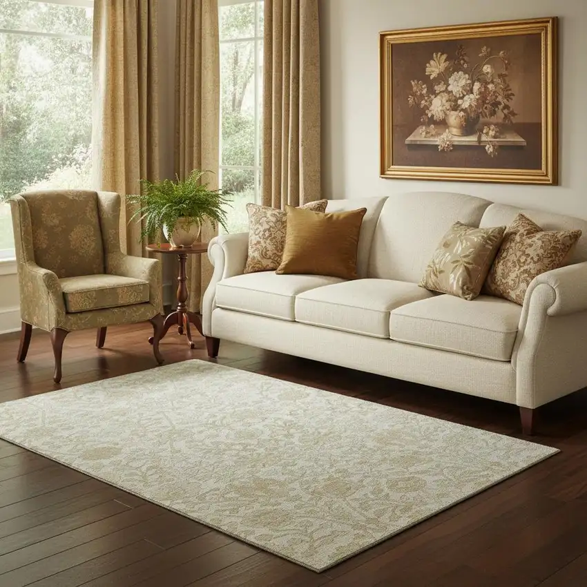 Ivory And Beige Floral Washable Area Rug With UV Protection Photo 2