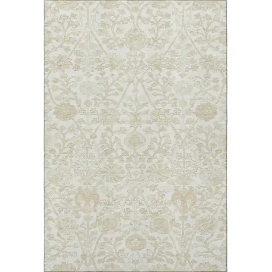 Ivory And Beige Floral Washable Area Rug With UV Protection Photo 3