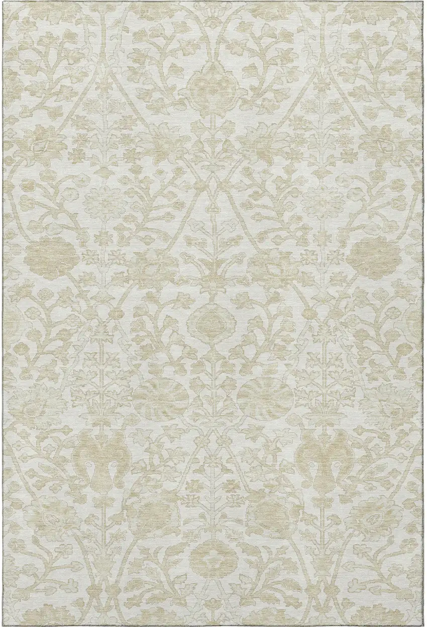 Ivory And Beige Floral Washable Area Rug With UV Protection Photo 3
