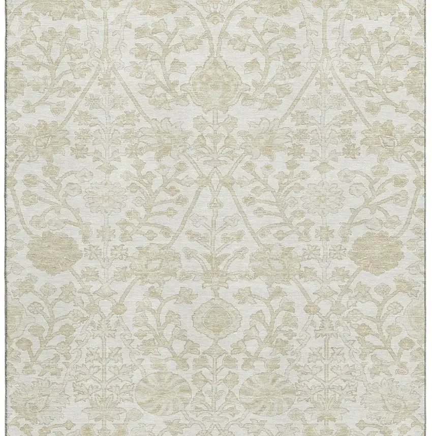 Ivory And Beige Floral Washable Area Rug With UV Protection Photo 4