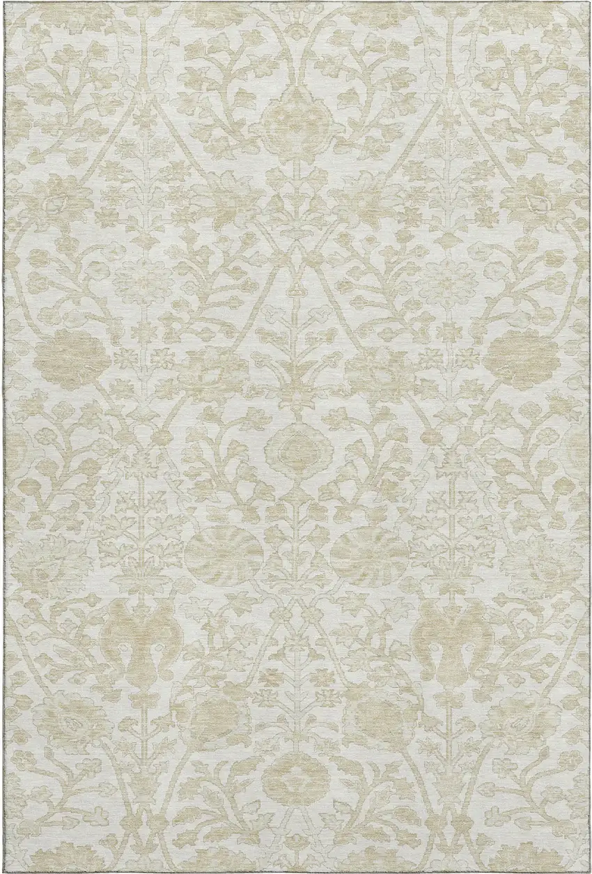 Ivory And Beige Floral Washable Area Rug With UV Protection Photo 1