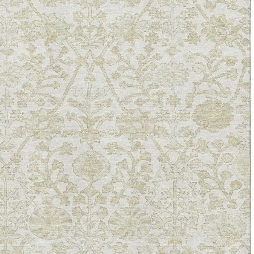 Ivory And Beige Floral Washable Area Rug With UV Protection Photo 3