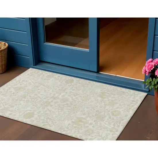 Ivory And Beige Floral Washable Indoor Outdoor Area Rug Photo 2