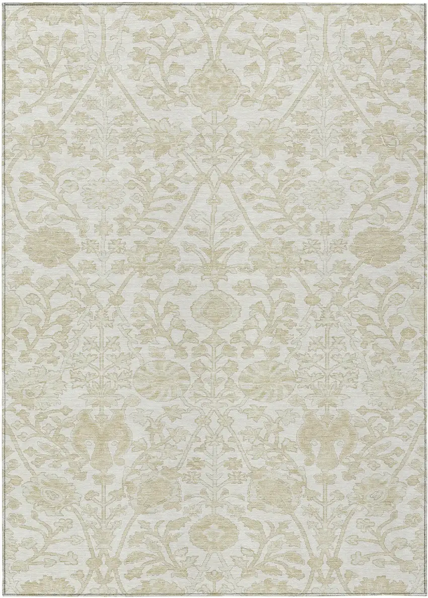 Ivory And Beige Floral Washable Indoor Outdoor Area Rug Photo 1