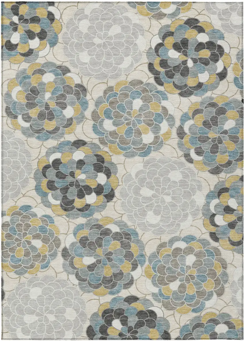 Ivory And Beige Floral Washable Indoor Outdoor Area Rug Photo 1