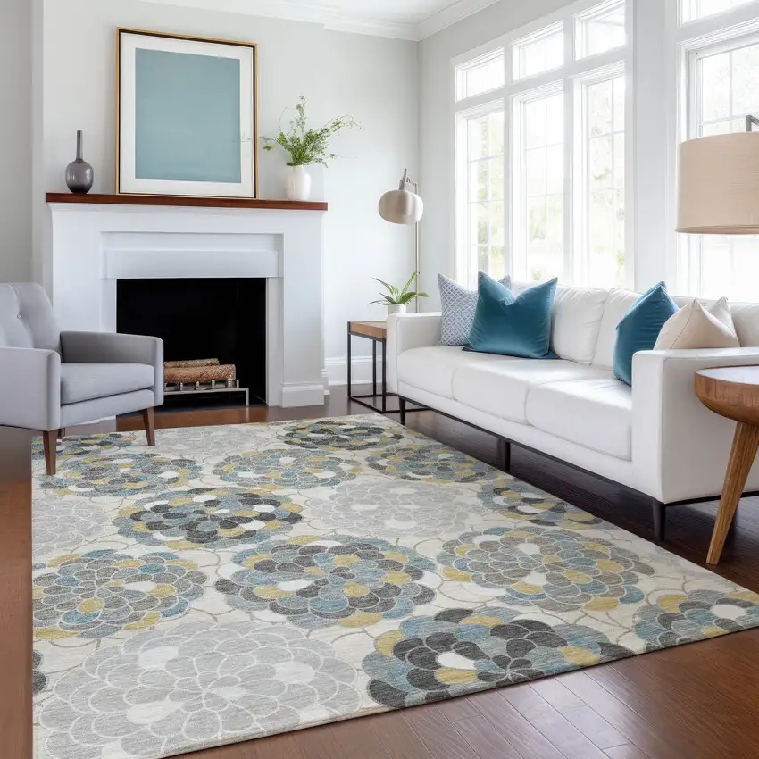 Ivory And Beige Floral Washable Indoor Outdoor Area Rug Photo 5