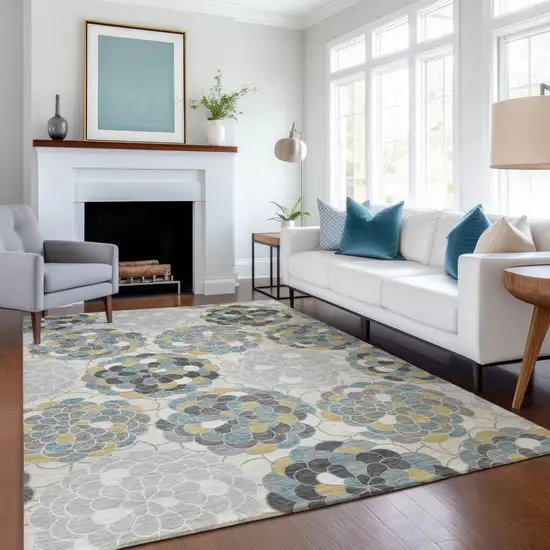 Ivory And Beige Floral Washable Indoor Outdoor Area Rug Photo 5