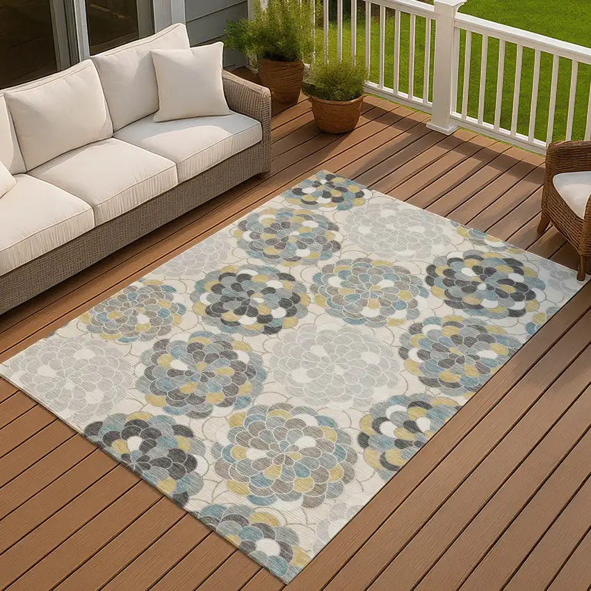 Ivory And Beige Floral Washable Indoor Outdoor Area Rug Photo 6