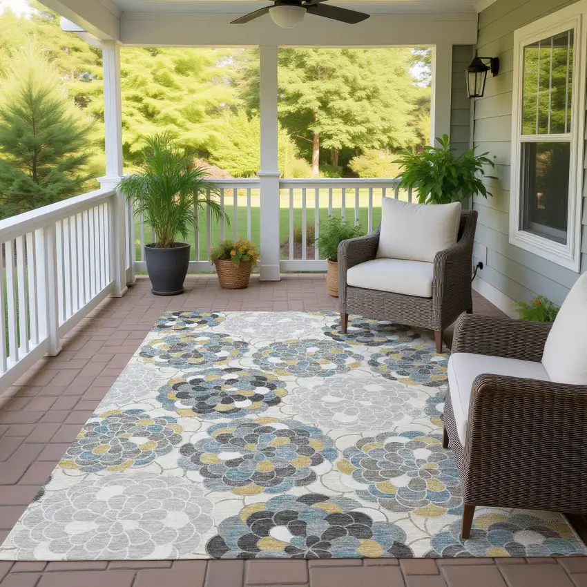Ivory And Beige Floral Washable Indoor Outdoor Area Rug Photo 3