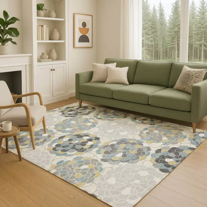 Ivory And Beige Floral Washable Indoor Outdoor Area Rug Photo 4