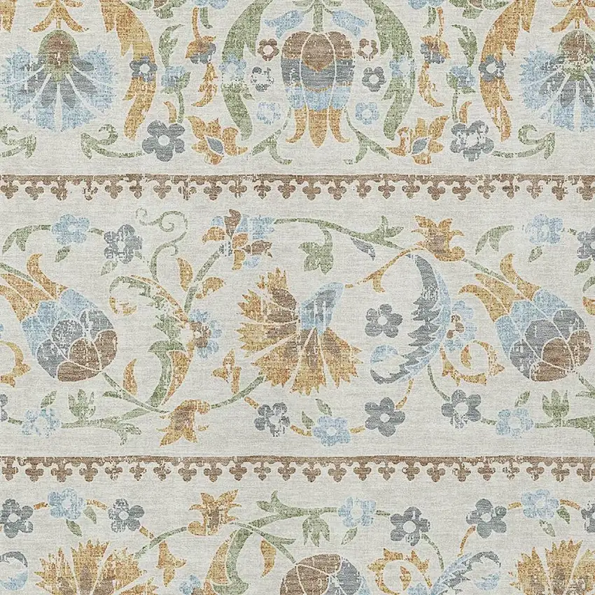 Ivory And Beige Floral Washable Indoor Outdoor Area Rug Photo 2