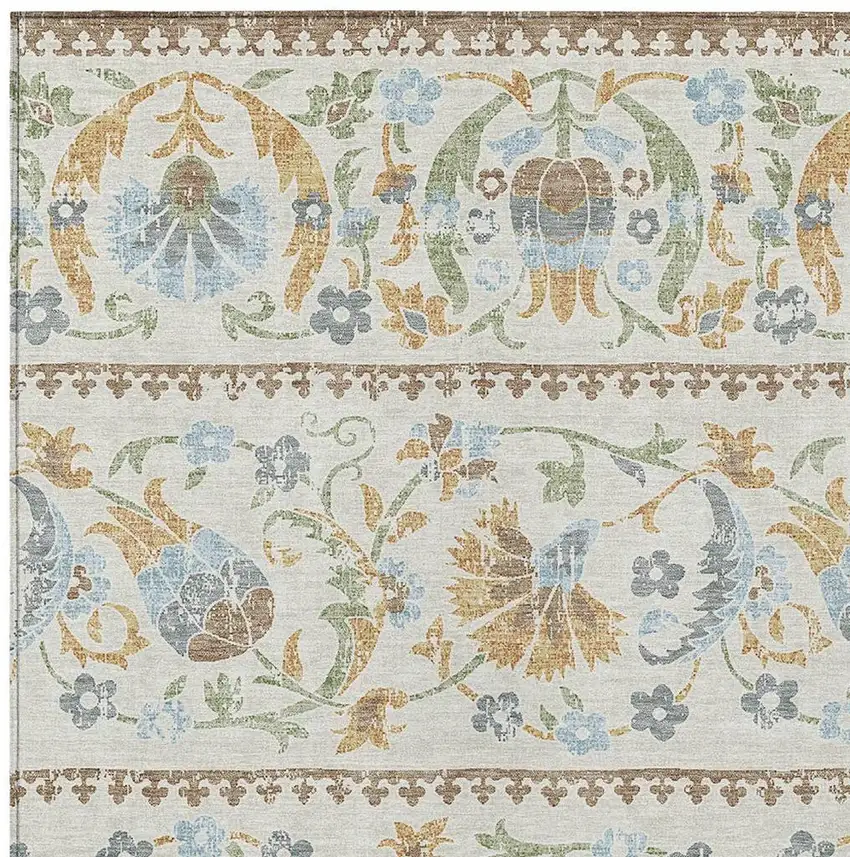 Ivory And Beige Floral Washable Indoor Outdoor Area Rug Photo 2