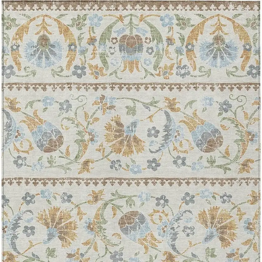 Ivory And Beige Floral Washable Indoor Outdoor Area Rug Photo 3