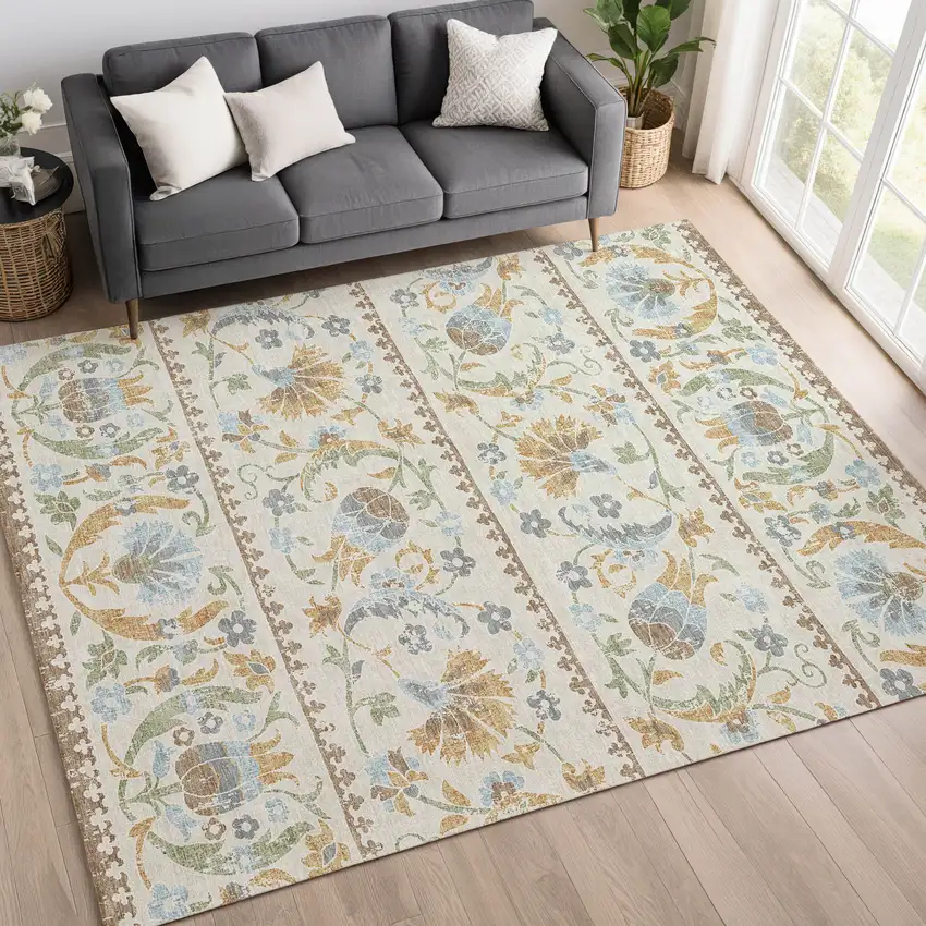 Ivory And Beige Floral Washable Indoor Outdoor Area Rug Photo 6