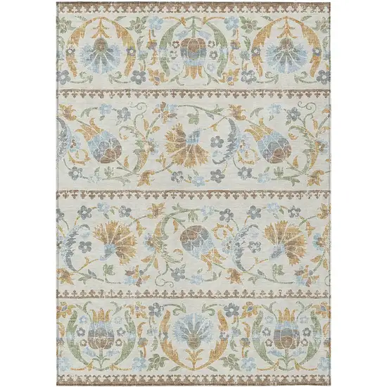 Ivory And Beige Floral Washable Indoor Outdoor Area Rug Photo 1