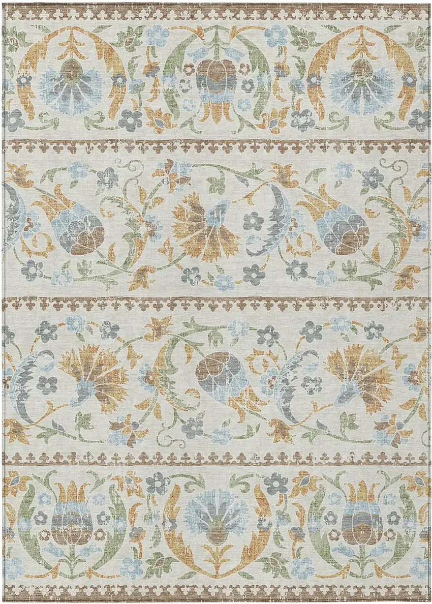 Ivory And Beige Floral Washable Indoor Outdoor Area Rug Photo 1